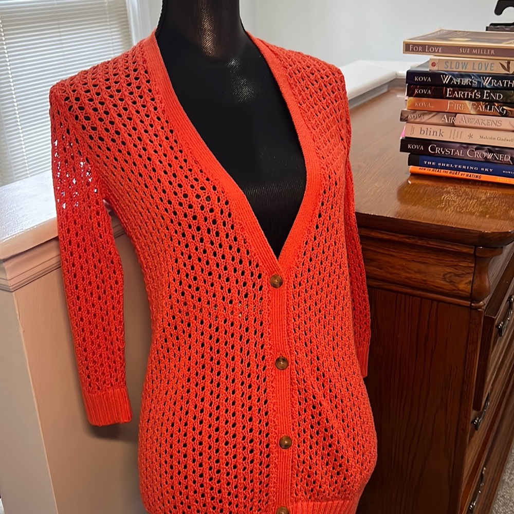 LANDS END open weave happy orange cardigan